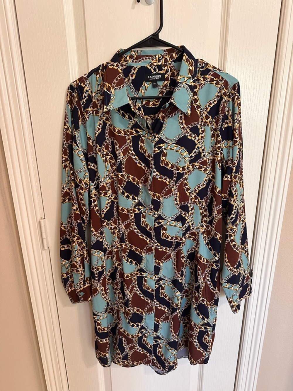 Express Chain-Print Button-Down Portofino Shirt Dress - Brown & Teal